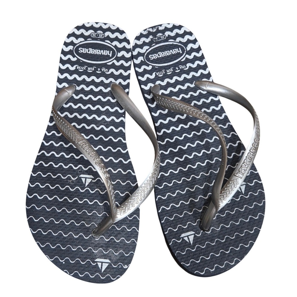 Havaianas Navy White Nautical Wave Flip Flops Silver Straps Coastal Sail 6 37